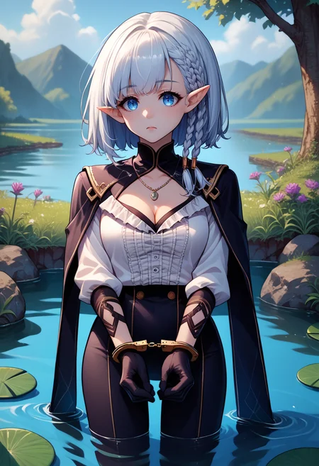 score_9, score_8_up, score_7_up, source_anime, <lora:HandcuffsV2-000009:1>, 1girl solo, handcuffs, cuffs, <lora:beta-pdxl-nvwls-v1:1>, beta, white hair, braid, pointy ears, black cape, black bodysuit, black leggings, gloves, necklace, white shirt, long sleeves, frills, black skirt, cleavage, outdoor, pond, from behind