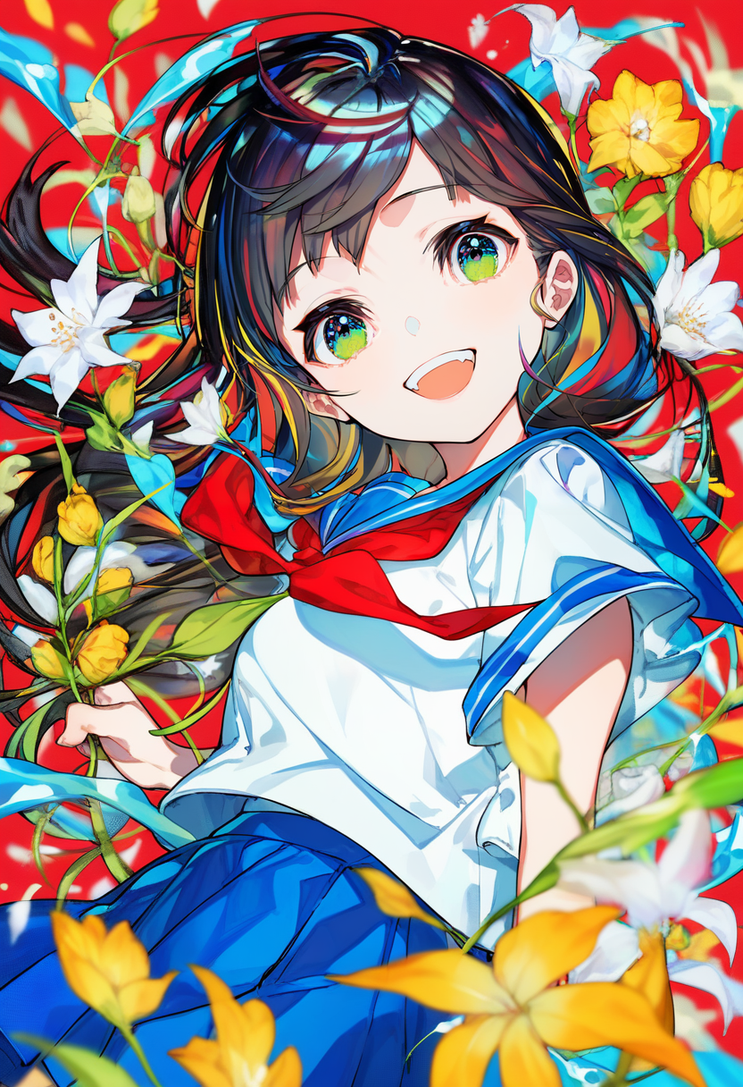 score_9, score_8_up, score_7_up, score_6_up, <lora:MikaPikaZoXL_Js2_lokr_V42310:0.95> 1girl, solo, skirt, long hair, black hair, colorful, flower, open mouth, looking at viewer, shirt, short sleeves, school uniform, smile, pleated skirt, red background, serafuku, blue skirt, teeth, neckerchief, multicolored eyes, cowboy shot, blue eyes, yellow flower, red neckerchief, green eyes, white shirt, sailor collar