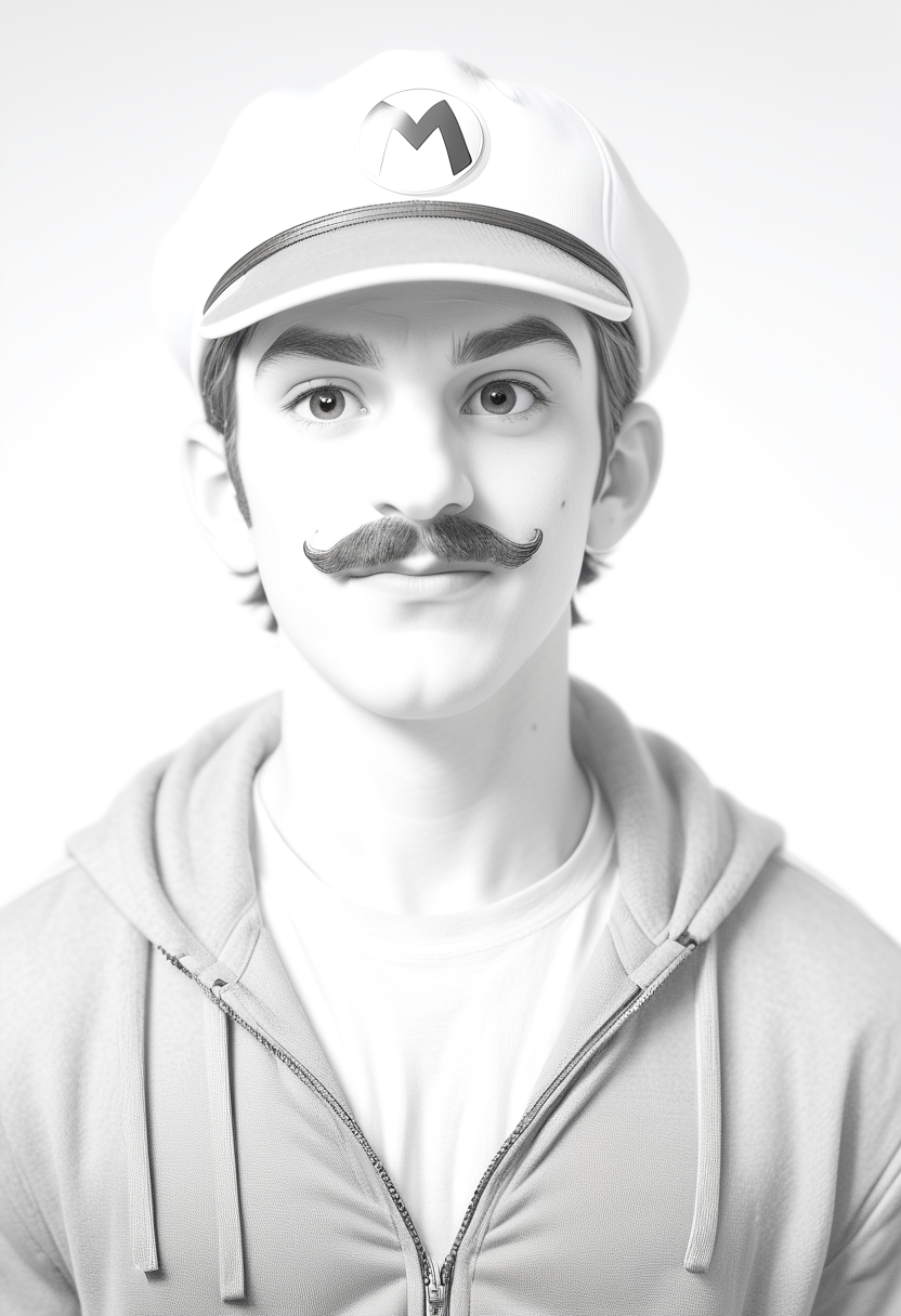MHXL, monoprone, "high school yearbook photo of super mario, realistic image, Split Diopter Shot: Shot with two different focus planes