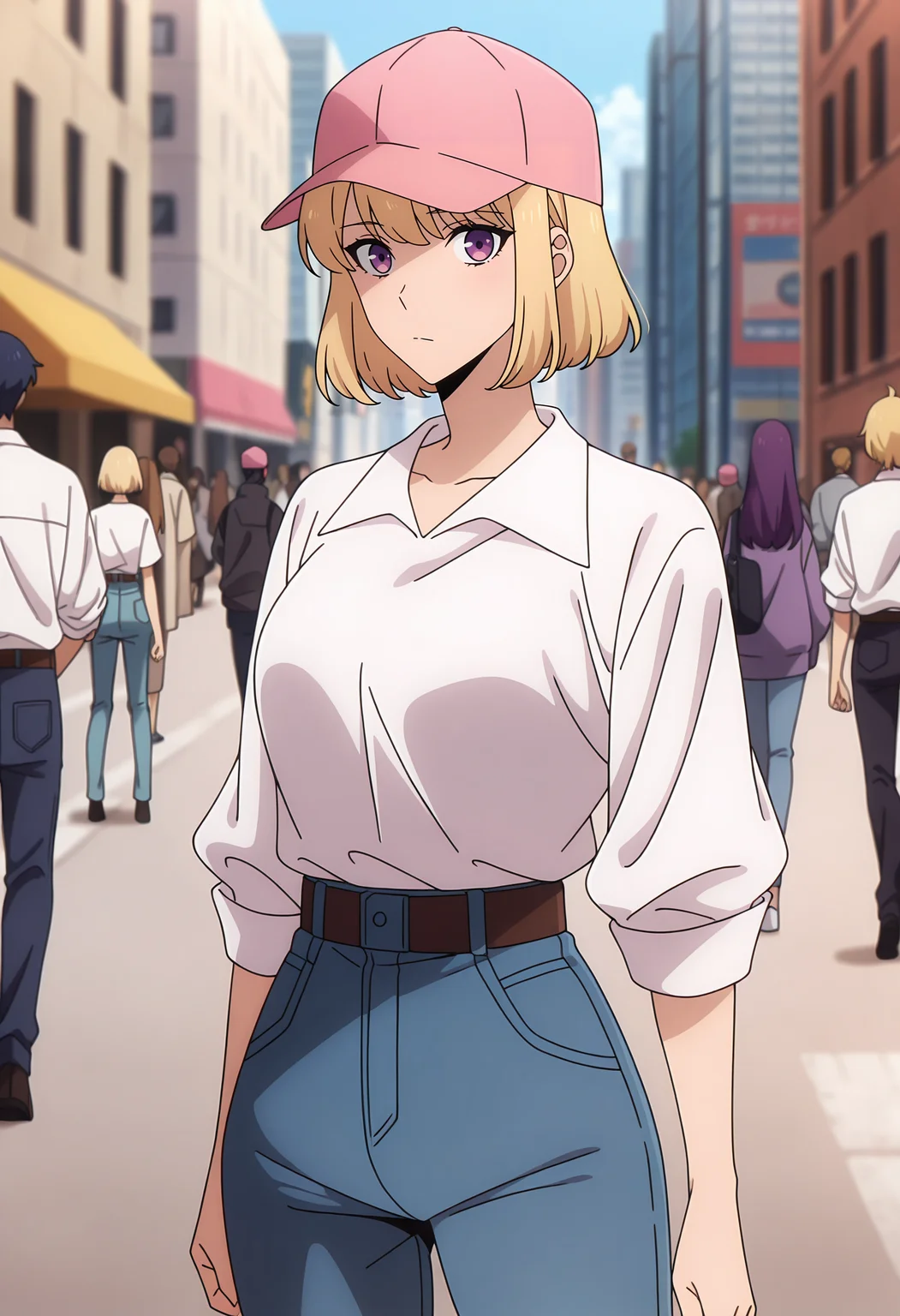 anime screencap, masterpiece, best quality,
<lora:SoloLeveling_ChaHae-In_IlluXL:0.9>,
1girl, solo, closed mouth,
blonde hair, short hair, purple eyes,
ChaHaeInCasual, collared shirt, white shirt, baseball cap, pink headwear, jeans, shirt tucked in, brown belt,
standing, looking at the viewer, cowboy shot,
outdoors, city, street, people, blurry background
