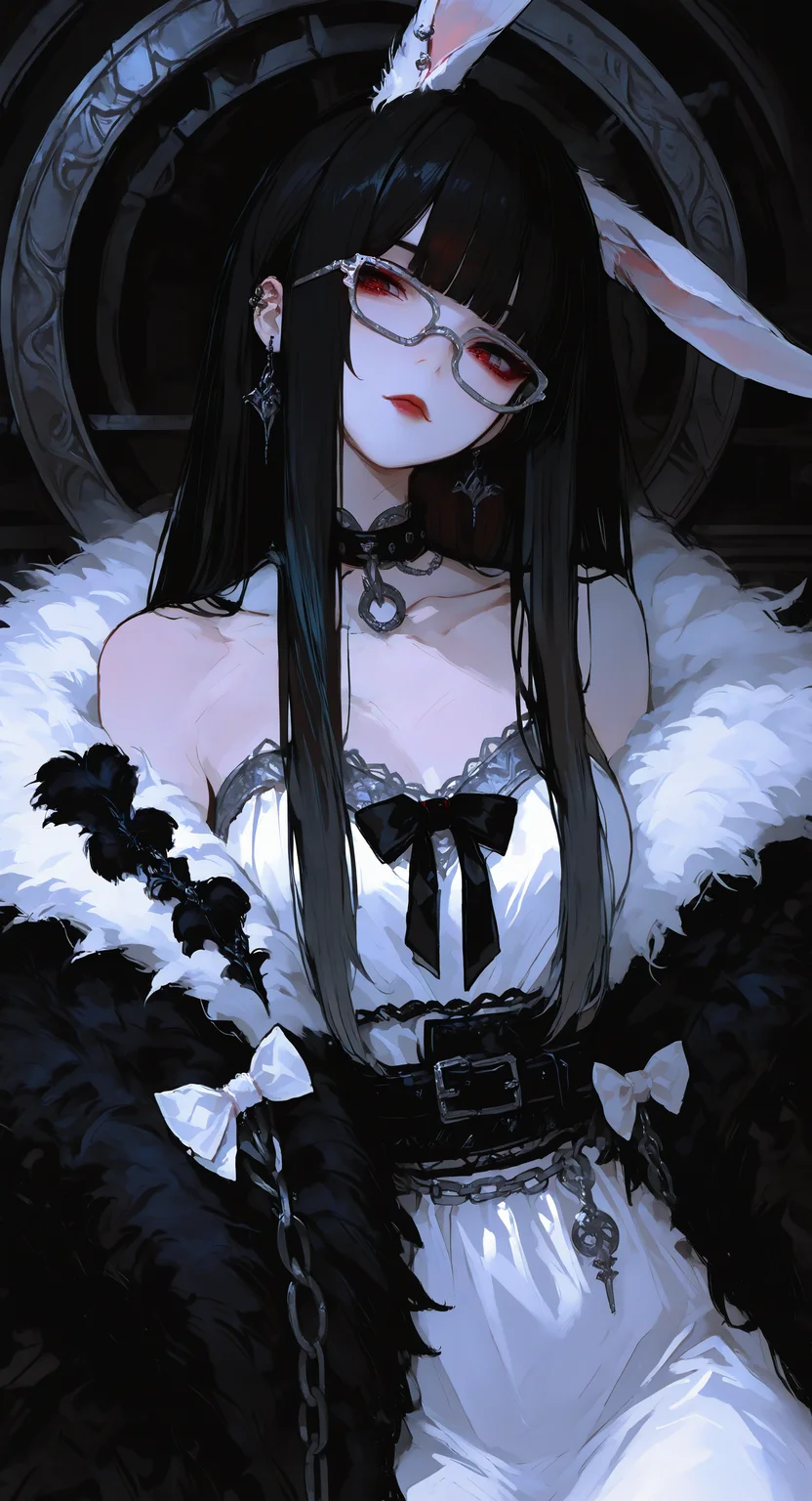 masterpiece, best quality, good quality, very aesthetic, absurdres, newest, cowboy shot, 1girl, solo, long hair, black hair, dress, bow, animal ears, ribbon, closed mouth, jewelry, bare shoulders, collarbone, multicolored hair, sidelocks, earrings, sleeveless, blunt bangs, white dress,( white rabbit ears:1.2), red eyes, fur trim, head tilt, black bow, black ribbon, gradient hair, makeup, chain, piercing, white bow, ear piercing, straight hair, black belt, shawl, hime cut, red lips, feather boa, fur coat, grey-framed eyewear, black sash, looking_at_viewer <lora:ponyv4_noob1_2_adamW-000017:0.7> <lora:GBF_Illustrious:0.6> <lora:748cmSDXL:1>