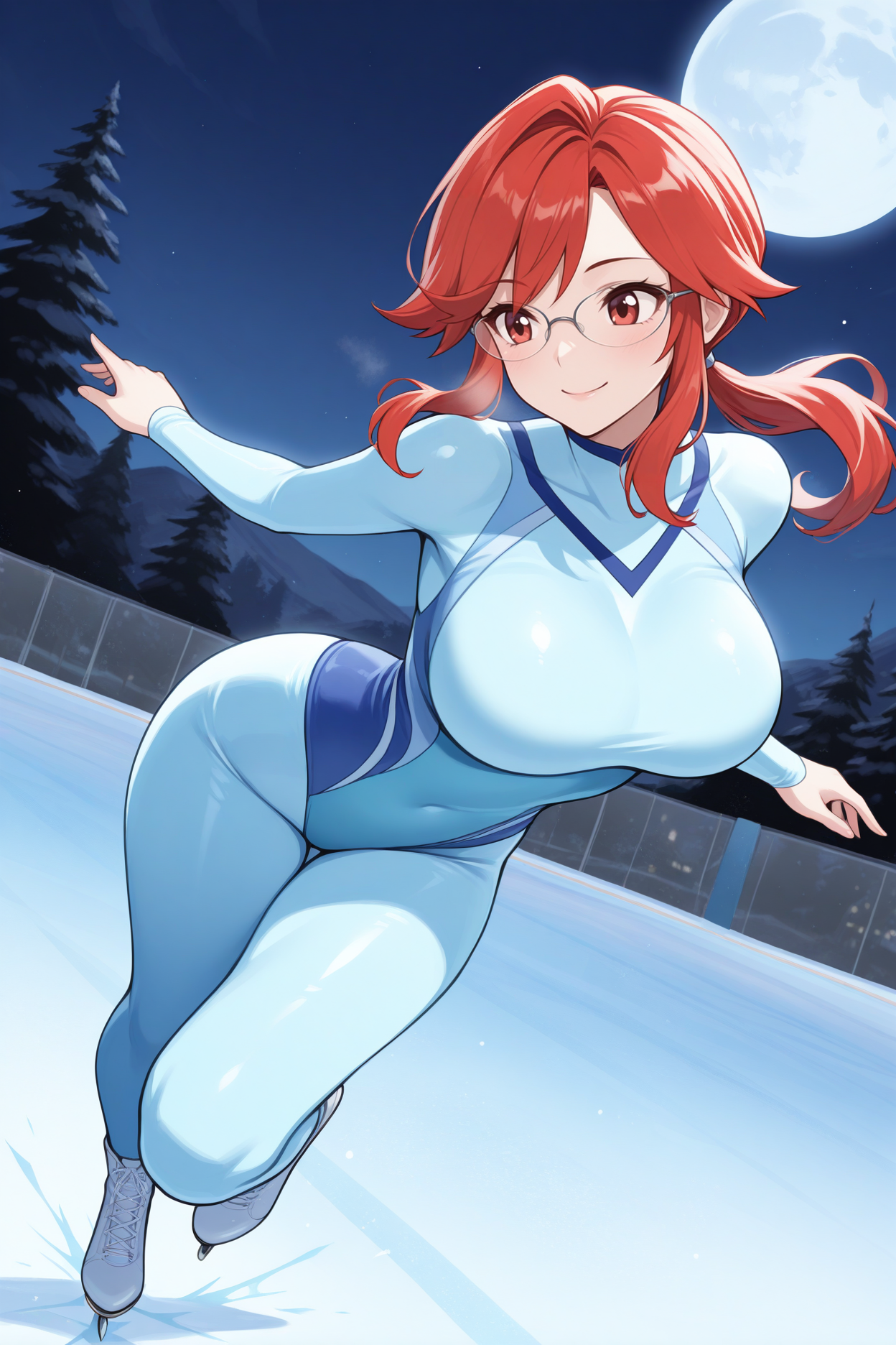 masterpiece, best quality, 1girl, solo, <lora:lorelei-illu-nvwls-v1-000006:1> rglorl, red hair, swept bangs, sidelocks, low ponytail, red eyes, glasses, large breasts, light blue leotard, full bodysuit, ice skating, frozen pond, night sky, moon, smile, full body