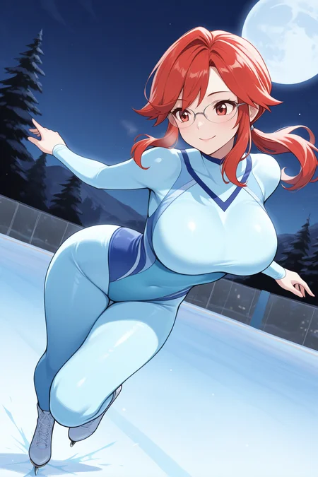 masterpiece, best quality, 1girl, solo, <lora:lorelei-illu-nvwls-v1-000006:1> rglorl, red hair, swept bangs, sidelocks, low ponytail, red eyes, glasses, large breasts, light blue leotard, full bodysuit, ice skating, frozen pond, night sky, moon, smile, full body