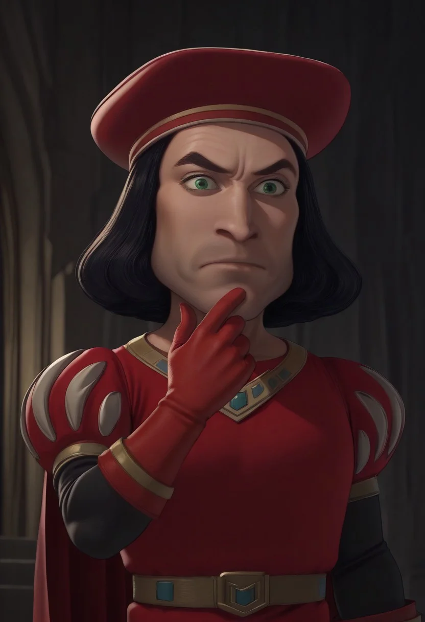 masterpiece, best quality, newest, absurdres, highres, anime, anime style, Lord-Farquad-IL-V1.0 Lord-Farquad-IL-base outfit, short hair, red gloves, black hair, beret, cape, gloves, hat, green eyes, red headwear, hat,
