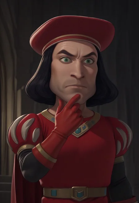 masterpiece, best quality, newest, absurdres, highres, anime, anime style, Lord-Farquad-IL-V1.0 Lord-Farquad-IL-base outfit, short hair, red gloves, black hair, beret, cape, gloves, hat, green eyes, red headwear, hat,