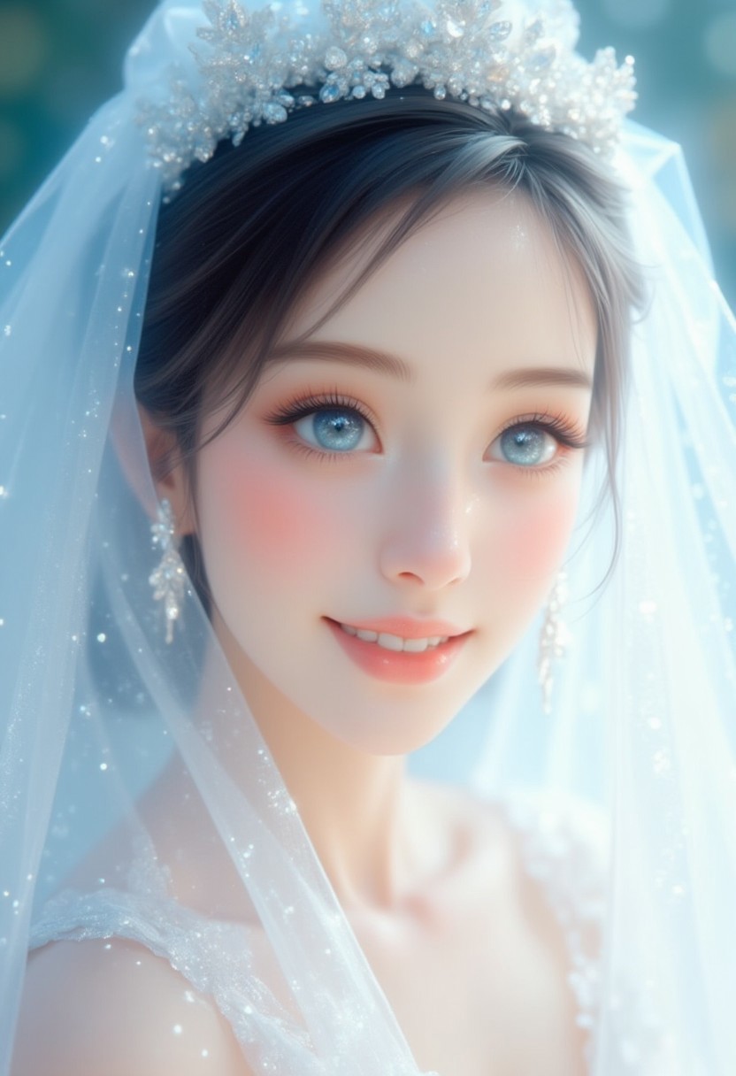 woman with striking blue eyes and a radiant smile. She is wearing a white veil with a silver tassel, and a pair of silver earrings with a sparkling diamond. The background is a soft, blurred gradient of blue and white, creating a dreamy atmosphere. The woman's gaze is directed off to the side, and her expression is one of joy and contentment.