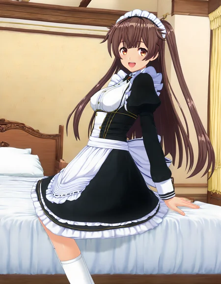 <lora:pony_xl_muku:0.8>,muku,score_9,source_anime,best quality,masterpiece,super fine illustration,1girl,solo,looking at viewer,maid,maid headdress,black dress,puffy sleeves,long sleeves,maid apron,frills,kneehighs,white socks,laughing,smile,bright girl,fun smile,looking at viewer,indoors,bed,pillow,bed_sheet,window_,curtains,sitting_on_bed,cowboy_shot,