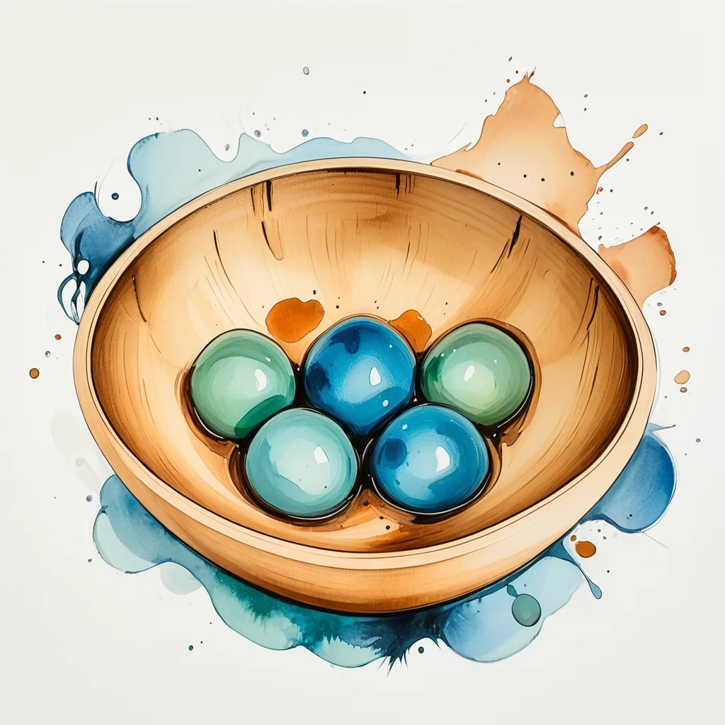 <lora:Expressive_Watercolor_Ink_washSDXL:1> ArsMJStyle, Expressive Watercolor Ink Wash, The image is a watercolor illustration of a wooden bowl filled with three blue and green spheres. The bowl is made of light-colored wood and has a smooth surface. The spheres are arranged in a circular pattern with the largest sphere in the center and the two smaller spheres on either side. The background is white and there are splashes of blue and orange paint scattered around the bowl. The overall color scheme of the image is warm and earthy with shades of brown orange and blue., no humans, white background, simple background, traditional media, blue eyes, steam, still life