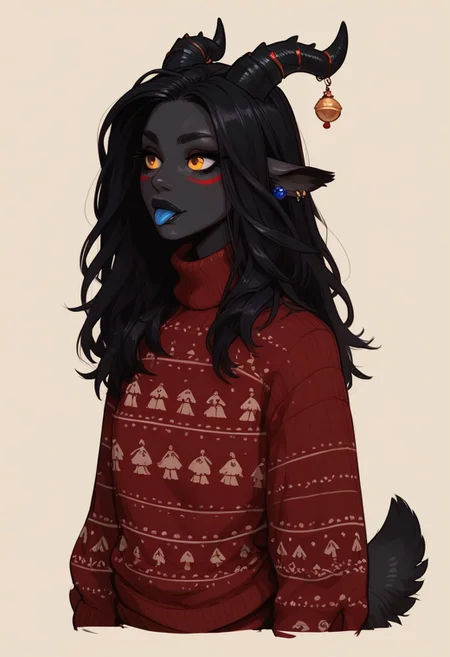 (score_9, score_8_up, score_7_up),
fluffy_new_year, merry_furistmas,
Christmas market, 1girl, puazi, monster girl, christmas_sweater, big yellow goat eyes, black skin, black face markings, red stomach, red face, black deer tail, black long hair, black dragon horns, blue in ear, petite, skinny, shiny skin, blue lips, long blue tongue, solo, simple background, InCasestyle,