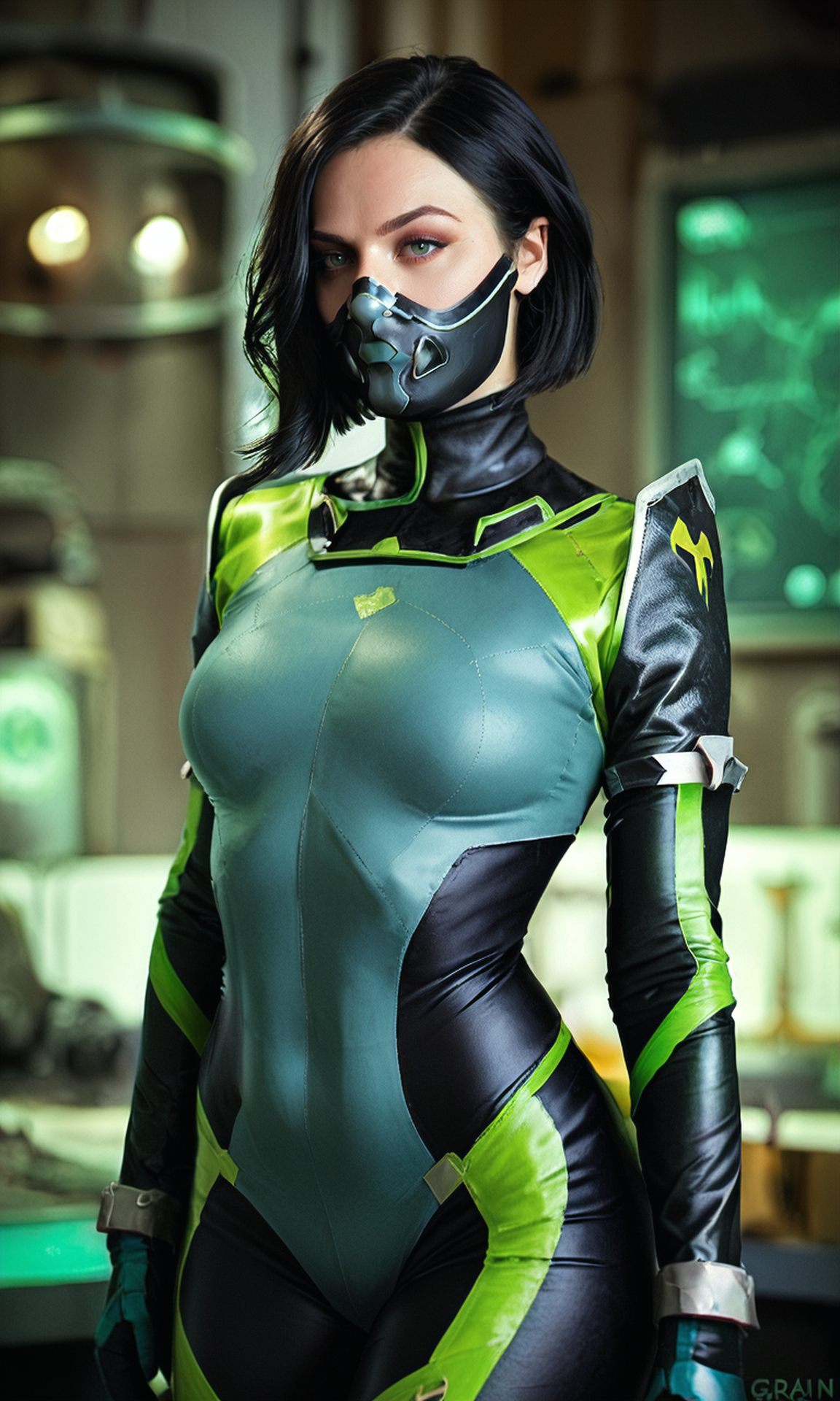 score_9, score_8_up, score_7_up, BREAK, zy_viper, 1girl, black hair, mask, short hair, green eyes, bodysuit, portrait, realistic, photo, real hair, detailed skin, laboratory, green gass, highly detailed, detailed skin, depth of field, film grain, <lora:zy_Viper_PonyRealism_v1:0.7>