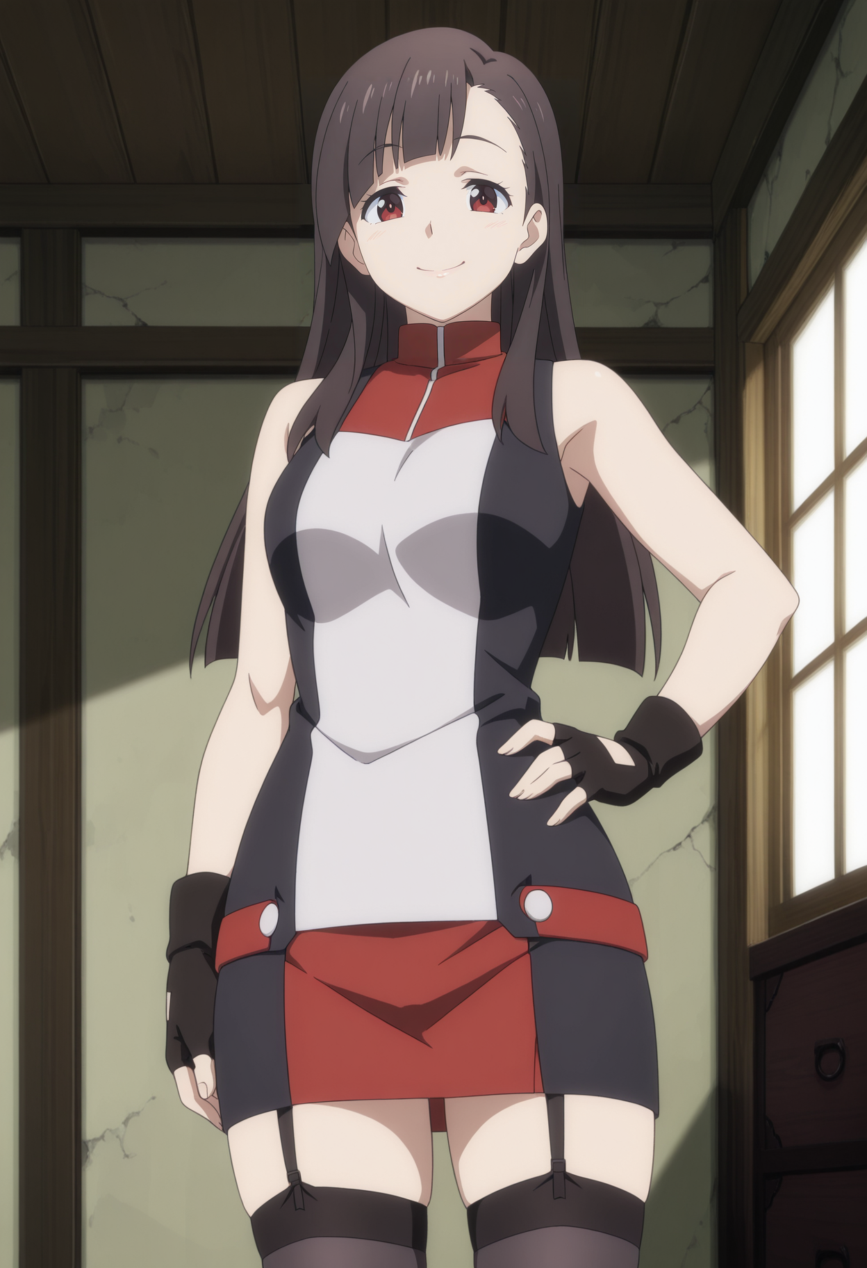 1girl,solo,mm,mature female,long hair,brown hair,red eyes,bangs,anime coloring,
sleeveless,skirt,garter straps,thighhighs,fingerless gloves,looking at viewer, smile,indoors,hand on own hip, 
,masterpiece,best quality,amazing quality,<lora:Yuiyui-Konosuba_ix:0.8>