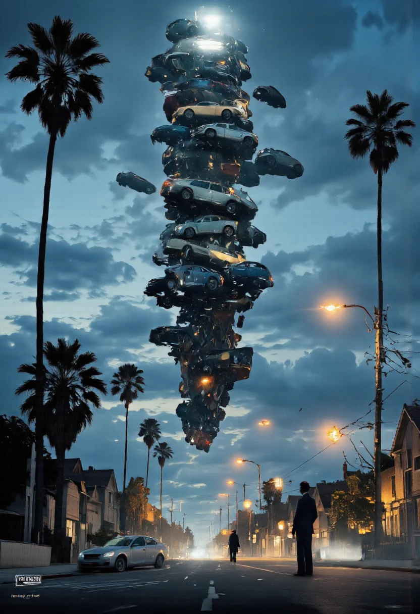 Art by Ronan Le Fur. A surreal digital illustration shoot from the side about a tall, futuristic structure made up of multiple cars suspended in mid-air over a deserted street at night, illuminated by streetlights and surrounded by palm trees. the image also shows a man standing in the middle of the road, looking up at the structure. on the center of the image, a man, who appears to be in his mid-twenties, is standing with his back to the viewer, facing away from the camera. he is wearing a black suit and has a serious expression on his face. the man is standing on an empty street, with no other people or vehicles in sight. the street is deserted, with only a few houses and palm trees visible in the background. the sky is a deep blue, with a few clouds scattered across it, and the overall atmosphere is dark and moody. the overall effect is one of a surreal, sci-fi scene, with the man's presence commanding attention. a watermark, "fady adel" in the bottom right corner, adds a touch of professionalism to the image.