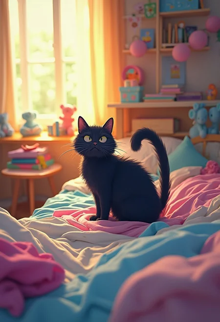 An over-the-top camera angle captures a messy bedroom belonging to a school-age girl, with a side view of a fairly large, black or dark-colored cat standing on the unmade bed. The cat's expression is one of anger and disapproval, as if it's saying, 'I can't believe you didn't make your bed!!!' Its arched back, lifted tail, and wide, glaring eyes emphasize its frustration. The bed is covered in crumpled sheets and blankets in soft pastel pinks, blues, and whites, surrounded by playful room decor like stuffed animals, school books, and colorful trinkets.
The sunny early morning light streams through the window, bathing the scene in warm, light yellow tones with a touch of bright pink. The shadows are rich and vibrant, blending deep blues, purples, and aquamarine to add depth and contrast. The cat's dark silhouette pops dramatically against the bright, colorful backdrop, making it the central focus of the composition. The modern minimalistic style emphasizes clean shapes and bold colors, with the cat's disapproving expression and dynamic pose adding a touch of humor and personality. The room feels youthful and lively, perfectly reflecting the personality of a school-age girl.
