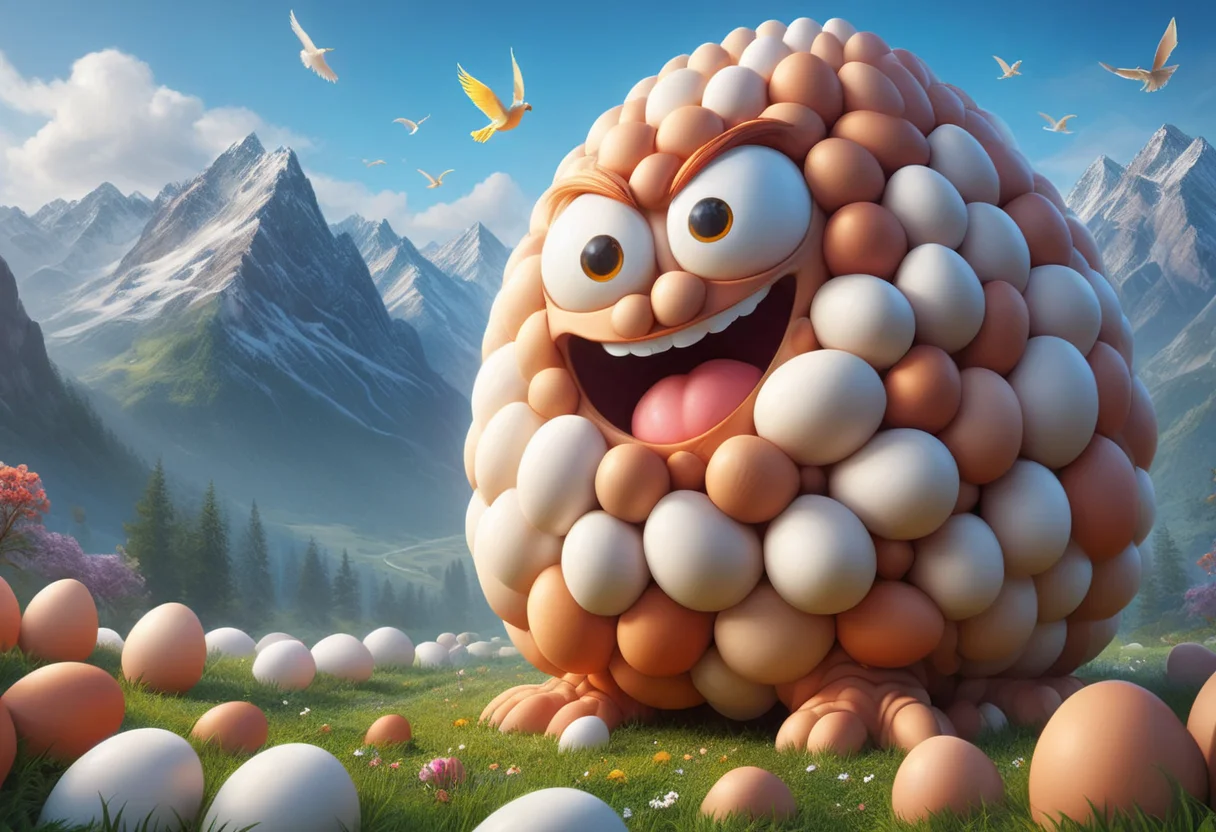 funny digital art of a creature with a funny grimace made of eggs, mountains landscape background, masterpiece, absurdres, vibrant, dynamic angle, dynamic pose, dramatic light, highly detailed, scenery, no humans, <lora:EggsMorph:1>,