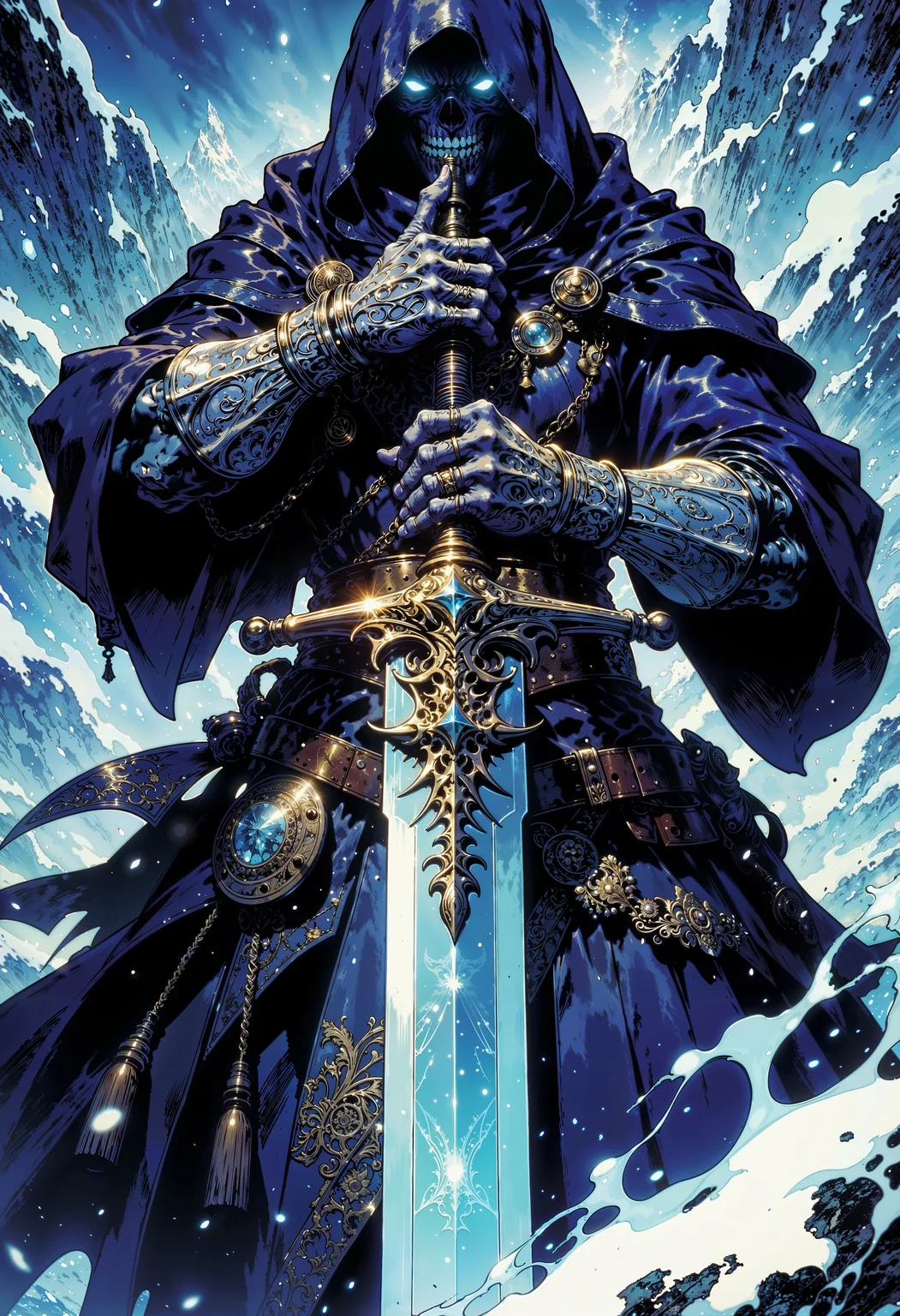a mysterious, hooded figure in a dramatic, dynamic pose. The figure is clad in a dark, flowing cloak with intricate gold and silver patterns, standing amidst a snowy, mountainous landscape. The face is obscured by the hood, with glowing blue eyes visible, adding an eerie, mystical aura. The figure's skin is a metallic, silver-blue, adorned with ornate, engraved armor and jewelry. They hold a large, ornate sword vertically in front of them, with a glowing blue blade and an elaborate hilt featuring gold and gemstone embellishments. The background is a swirling mix of snow and ice, enhancing the cold, magical atmosphere. The overall color palette is dominated by blues, silvers, and golds, creating a striking contrast and emphasizing the fantastical theme.
<lora:RetroAnimeFluxV1:0.5> <lora:Comic book V2:0.6> <lora:FluxMythG0thicL1nes:0.6> <lora:Elden_Ring_-_Yoshitaka_Amano:0.6>