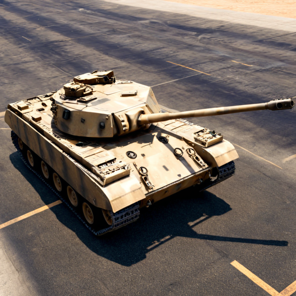 professional 3d model of  <lora:GTA style:0.7>
 <lora:Unreal Engine style:0.9> Unreal Engine style
 <lora:Hollywood Anamorphic format film style:0.2> Hollywood Anamorphic format film style
 <lora:add-detail-xl:0.3>
 <lora:perfection style:0.3> perfection style
 <lora:xl_more_art-full_v1:0.1>
 <lora:detailed:0.1>
 <lora:PerfectEyesXL:0.3>
A different perfect unique motion picture image of a tank is sitting on the runway at an airport, action-adventure movie themed style, sharp, detailed, epic cinematic photorealism style, artistic creative style, dramatic cinematic light style, cinematic color style, Grand Theft Auto style, GTA style, weapon, outdoors, day, gun, military, no humans, shadow, ground vehicle, motor vehicle, military vehicle, tank, vehicle focus, machine gun, caterpillar tracks, road
, octane render, highly detailed, volumetric, dramatic lighting