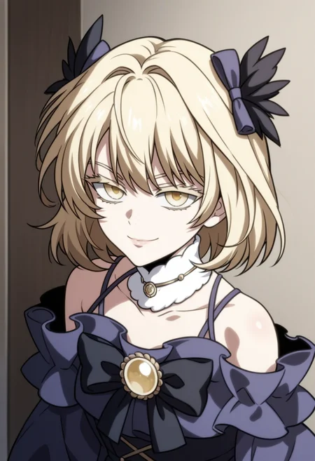 score_9, score_8_up, score_7_up, source_anime,anime screencap, anime coloring,intricate details,rating_explicit, masterpiece, best quality,
(best quality, absurd res, ultra detailed),1girl, ((solo)), good eyes,perfect eyes,,detailed eyes, ,detailed, detailed face, <lora:add-detail-xl:3>,
BREAK
<lora:Rachel_Young:0.8>, RY, 1girl, yellow eyes, blonde hair, hair ornament,white choker, purple dress, bare shoulders,
smirk,