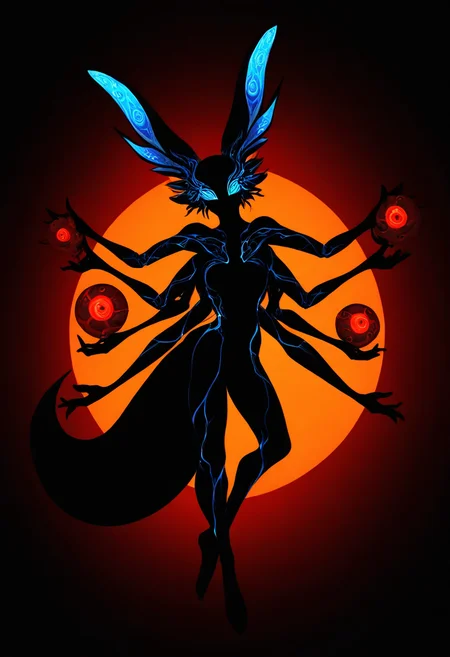 lsd-art, acid-art, trippy, no humans
1creature, mysterious figure, enigmatic silhouette, shadowy background,
shining eyes with no pupils, (extra ears, long ears), rabbit ear, four arms, extra arms, (shere grab, holding a sphere), glowing shere,
legs, fox tail, tail, (blending:0.15),
depth of field, blurry_foreground, blurry_background, full body,
(high_contrast,drop_shadow,chromatic_aberration, colorful:0.6), (ranni_the_witch:0.5),
masterpiece, best quality, newest, absurdres, highres, intricate detailed, <lora:Daisy-Acid:0.5>