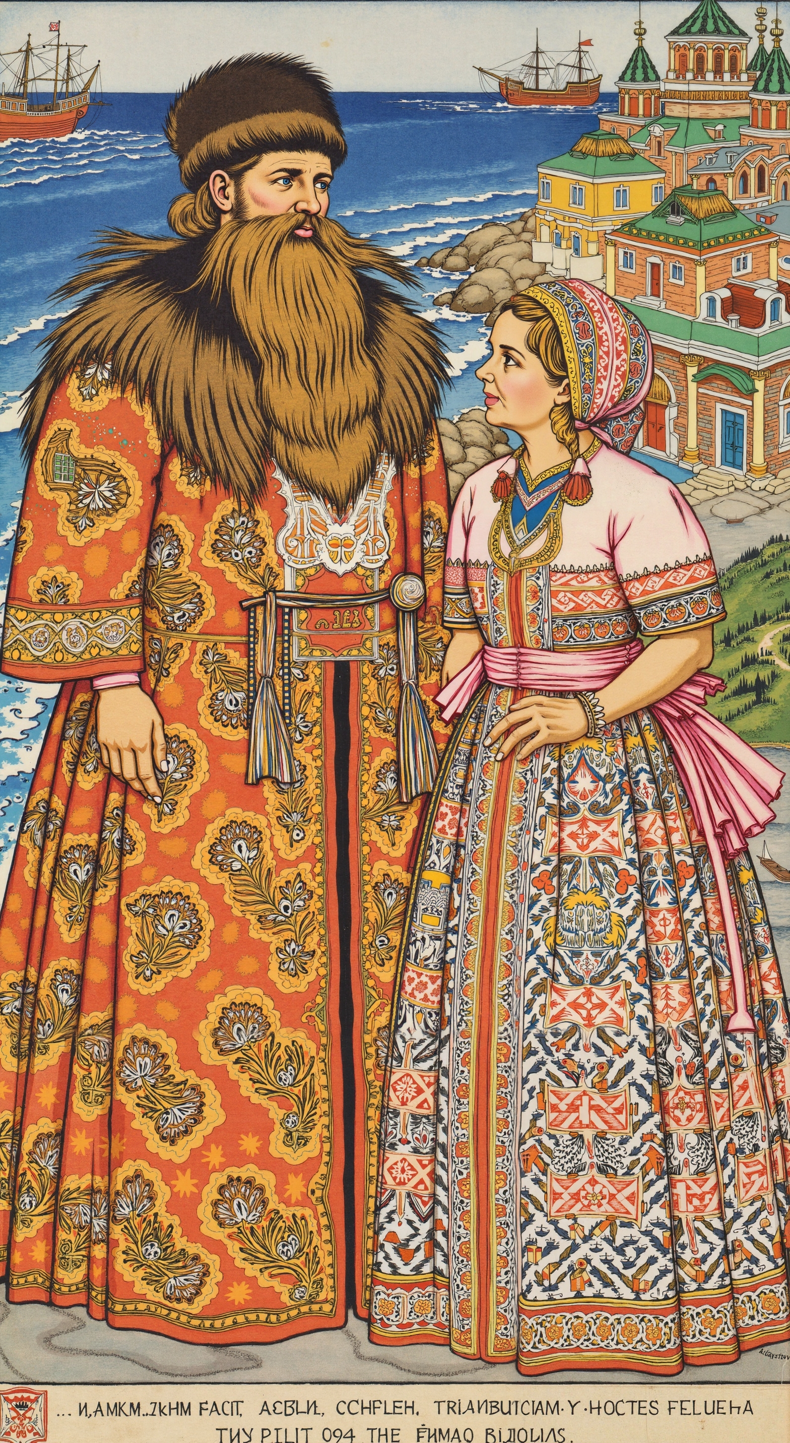 An illustration by Ivan Yakovlevich Bilibin depicting two elaborately dressed figures in traditional Russian attire. The man wears a fur hat and a richly patterned robe, while the woman dons a patterned gown and headdress. They stand against a scenic backdrop of a vibrant seaside town with colorful buildings and ships on the water. The style is distinctly Bilibin's, with intricate detailing and bright colors typical of Russian folklore and fairy tales. The image is dated 1929.