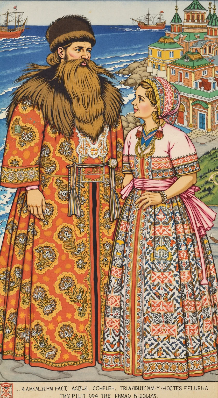 An illustration by Ivan Yakovlevich Bilibin depicting two elaborately dressed figures in traditional Russian attire. The man wears a fur hat and a richly patterned robe, while the woman dons a patterned gown and headdress. They stand against a scenic backdrop of a vibrant seaside town with colorful buildings and ships on the water. The style is distinctly Bilibin's, with intricate detailing and bright colors typical of Russian folklore and fairy tales. The image is dated 1929.