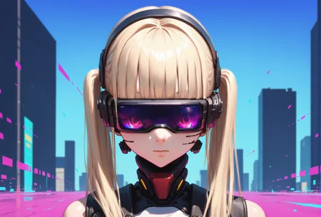 (score_9, score_8_up, score_7_up), anime, multiple_girls, postcard, cyborg, twintails, human face, pale skin, porcelain white face, (vr headset covering eyes:1.1), alternate costume, futuristic, pinafore_dress, outdoors, ultra-detailed, smooth_texture, glossy_texture, intricate_details, foreground, background, middle_ground, [layered_composition], closeup, ar-glitch, glitch, tmnh <lora:Glitch:1> <lora:Tsutomu_Nihei_Blame_Style:1>