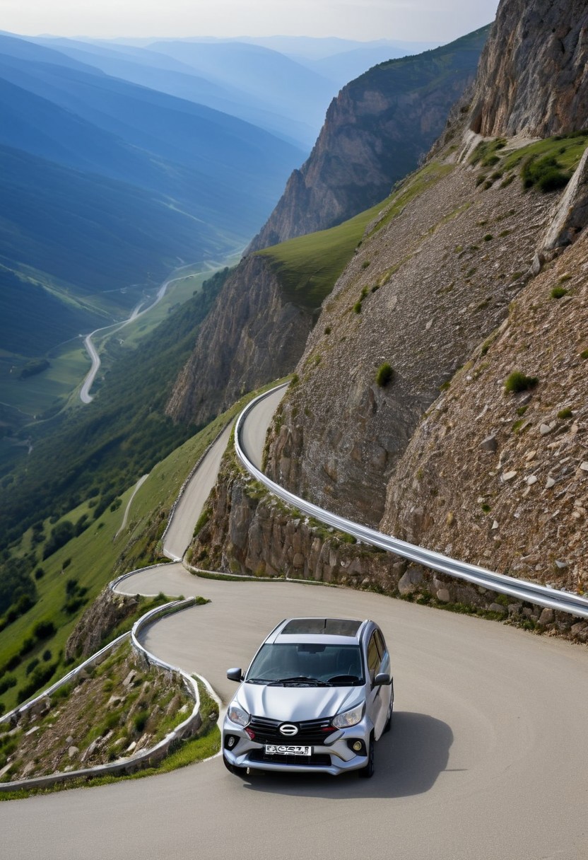 high resolution, best quality, Car, Daihatsu Sigra, Alpine pass, steep cliffs, winding road,