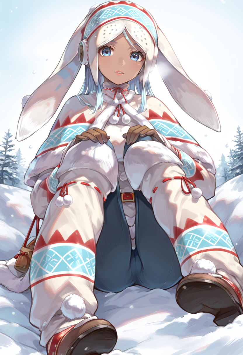 (score_9:0.9),score_8_up,score_7_up,rating_safe,anime style,(zPDXL),<lora:lagombi armor ponyXL v1:0.8>,lagombi armor,white hat,white gloves,white knee boots,solo,1girl,blue eyes,snow,long hair,looking at viewer,dark skinned female, mature female,