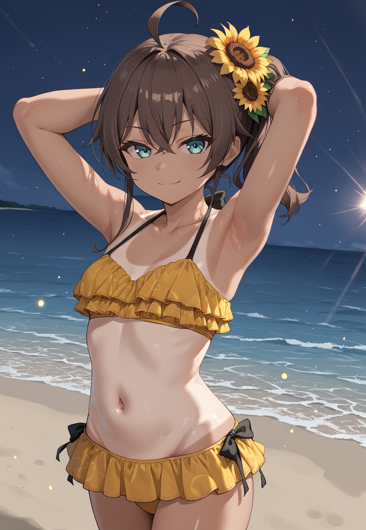 1girl, solo, solo focus, highres, absurdres, MatsuriSummer2019, brown hair, swimsuit, frilled bikini, sunflower hair ornament, side ponytail, ahoge, hair flower, tanlines, one-piece tan, bangs, hair between eyes, navel, yellow bikini, blue eyes, collarbone, bare shoulders, small breasts, medium hair, black ribbon,

looking at viewer, smug, closed mouth, arms up, armpit,

beach, dark, night, night sky, 

light particles, backlighting, shade, light rays, lens flare, shiny skin, fine fabric emphasis,