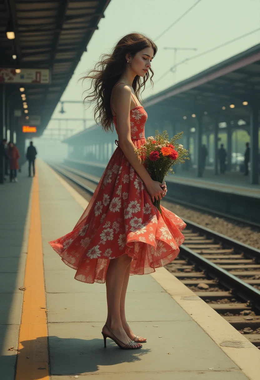 concept art Photo of solo young sad 18yo polish woman standing on platform of train station, her thighs visible, wind blowing her dress, next to tracks, holding bouquet of flowers, waiting for someone, digital artwork, illustrative, painterly, matte painting, highly detailed