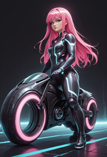 score_9, score_8_up, score_8, masterpiece, best quality, good quality, very aesthetic, absurdres, newest, 8K, depth of field, focused subject, dynamic angle, side view, 1girl,solo, CivChan, holofoil glitter, faint, glowing, ethereal, neon hair, glowing hair, long hair, purple eyes, looking sweet, coy, sci-fimasterpiece, best quality, good quality, very aesthetic, absurdres, newest, 8K, depth of field, focused subject, dynamic angle, side view, 1girl,solo, CivChan, android, holofoil glitter, faint, (glowing:1.2), ethereal, neon pink hair, glowing hair, long hair, neon purple eyes, looking at viewer, serious, zzCitronLegacy,
Looking like the character Gem from the movie Tron Legacy, black suit with glowing purple circuits, thick thighs, white boots, black eyeliner, mischievous expression, rides a TRON Motorbike, tron, giant bike, with angular Speed trail, in a Neon landscape, towering (geometric) structures, dark with vibrant electric-cyan highlights, cinematic sci-fi lighting, Shot with wide-angle lens, motion blur, ultra-detailed, photorealistic Tron style, black background elements, giant cyan glowing grid across the entire background,