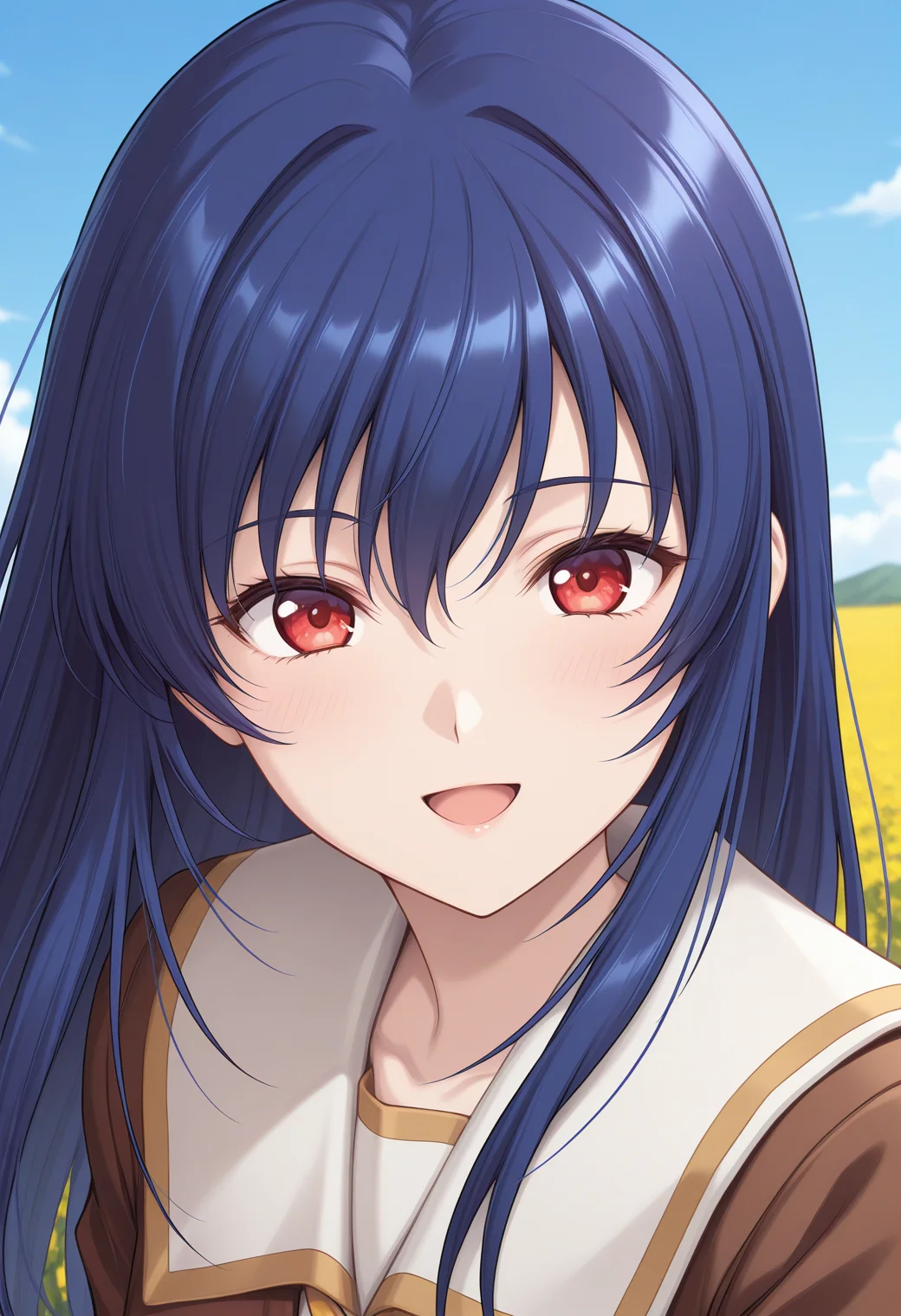 kuon_mayou, red eyes, blue hair, long hair, school uniform, white sailor collar, brown jacket, long sleeves, <lora:kuon_mayou_illustrious_ver1:0.8>
smile,, masterpiece, best quality, general,, 1girl, solo, (field:1.2), (blue sky:1.2), looking at viewer,, (upper body:1.2), (close-up:1.2), (facing viewer:1.2), (open eyes:1.4), (portrait:1.2)