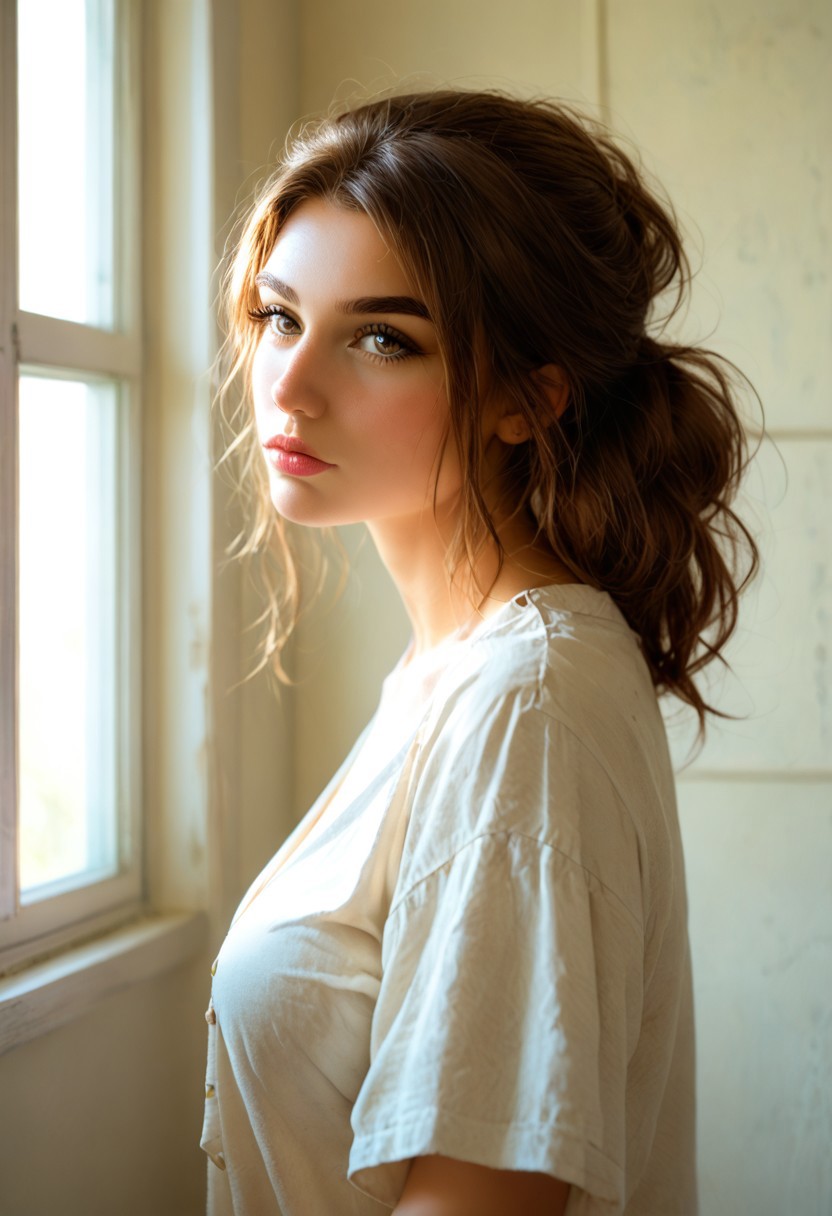 Character: A young woman with short, softly layered brown hair that delicately frames her face, with a slight wave giving it a gentle, feminine flow. Her skin is fair, smooth, and luminous, with a subtle rosy undertone, adding to her youthful radiance. She has delicately arched eyebrows that enhance her large, almond-shaped brown eyes, which are framed by long, thick lashes and convey a gentle, thoughtful expression. Her nose is petite and slightly upturned, perfectly balancing her soft, rounded cheeks. Her lips are full and naturally pink, with a soft, inviting curve that suggests a quiet confidence.
Scenario Details:
score_9, score_8_up, score_7_up, captivating 24-year-old woman standing by a large window, wearing an oversized men’s shirt, sunlight streaming in, backlit silhouette, dramatic shadows, soft focus, Expressiveh, natural light, golden hour, ((view from the side)), shirt slightly unbuttoned, relaxed posture, curvy silhouette, delicate features, serene expression, morning light, peaceful atmosphere