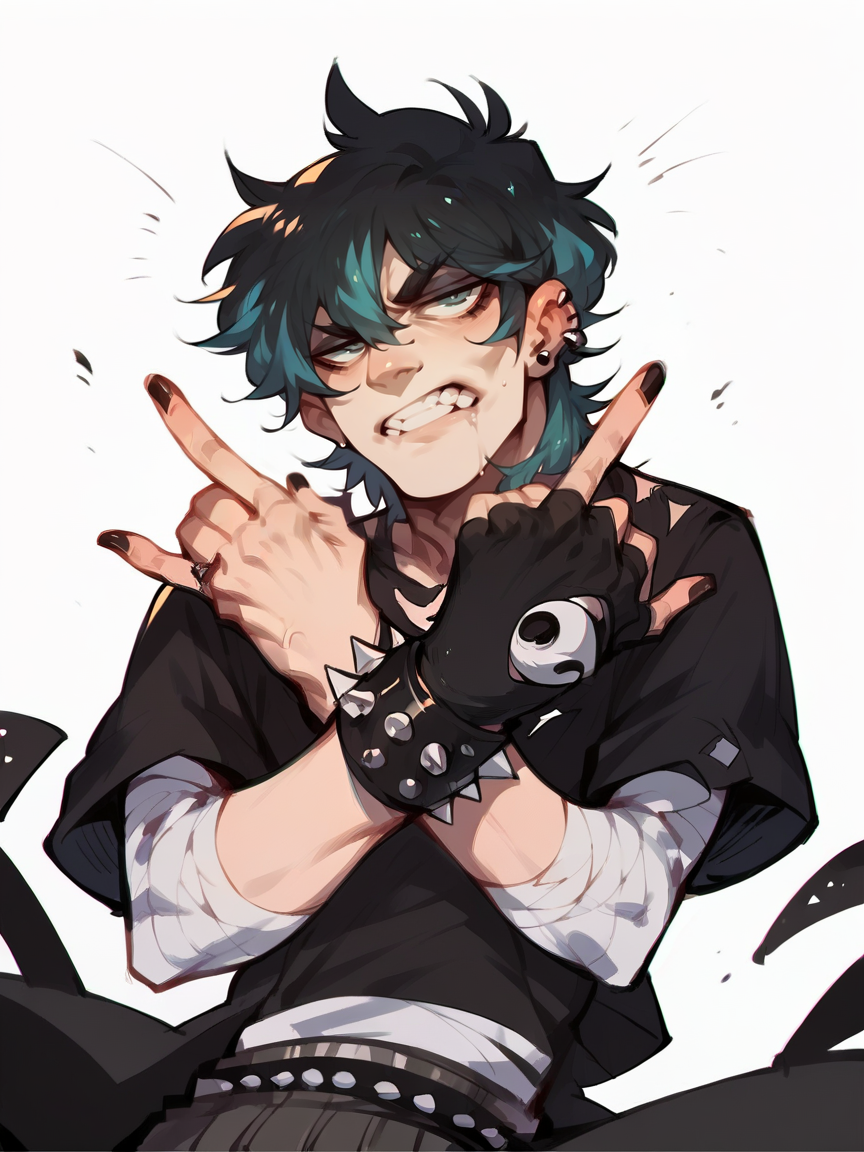 score_9, score_8_up, score_7_up, score_6_up, score_5_up,  <lora:r0ck0n:1> \m/, r0ck0n pose, double \m/, 1boy, goth, fingerless gloves, spiked bracelet,