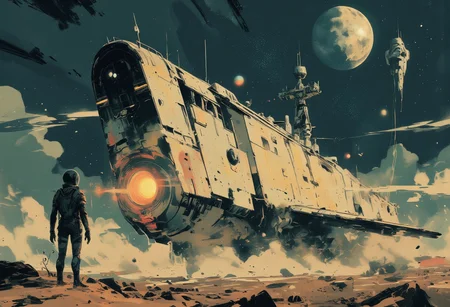 in the style of ck-mgs, nistyle, Special Ink-drawing mode, intricate linework with expressive contrasts, Mh1$AgThS2, Inkplash art on rice paper, sepia, magnificent, inksplash anime art, pscho_4rt, desert-like landscape, sci-fi theme. The central focus is a large, sleek spacecraft with a triangular shape and a smooth, metallic surface, painted in a light beige color. The spacecraft has a large, round cockpit with a bright, glowing orange light emanating from it, suggesting it's active. The cockpit is surrounded by a complex array of sensors, antennas, and control panels. In the foreground, on the left, stands a humanoid figure in a futuristic, armored suit with a helmet, possibly a pilot or a crew member. Two additional spacecraft, similar in design to the central one, are visible in the background, hovering in the sky. The overall atmosphere is one of awe and anticipation, suggesting a moment of arrival or exploration in a distant, alien world. The atmosphere is serene yet awe-inspiring, with a mystical, almost dreamlike quality. The composition is cinematic, with a sense of scale that emphasizes the sheer grandeur of the ship against the timeless landscape. Highly detailed character, precise silhouette, cinematic lighting, ultra-realistic textures, dreamy and immersive composition, masterpiece. (mainly blue colors, dark background, stars, moon)