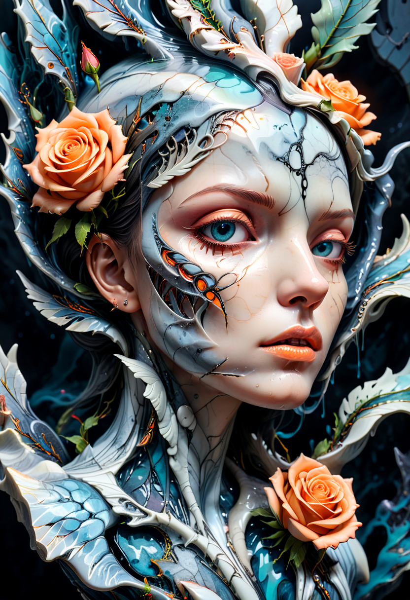(HD, masterpiece, best quality, hyper detailed, ultra detailed, {detailed background| }, super realistic),cyberpunk woman face, cracked liquid marble, melancholic, side view, looking to the ground, tear, steam pipes connected to back neck, (feathers:1.2), (flower rose:1.3), torns vines, bionic eyes open, glowing orange light, nose piercing, GeekyXL_Liquid_Marble, add-detail-xl, xl_more_art-full_v1<lora:XL\Style\GeekyXL_Liquid_Marble.safetensors:0.8:0.8> <lora:XL\Enhance\add-detail-xl.safetensors:0.6:0.6> <lora:XL\Enhance\xl_more_art-full_v1.safetensors:0.6:0.6>