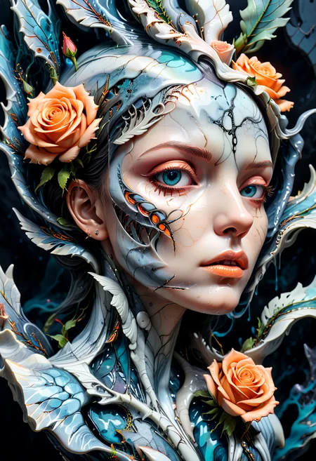 (HD, masterpiece, best quality, hyper detailed, ultra detailed, {detailed background| }, super realistic),cyberpunk woman face, cracked liquid marble, melancholic, side view, looking to the ground, tear, steam pipes connected to back neck, (feathers:1.2), (flower rose:1.3), torns vines, bionic eyes open, glowing orange light, nose piercing, GeekyXL_Liquid_Marble, add-detail-xl, xl_more_art-full_v1<lora:XL\Style\GeekyXL_Liquid_Marble.safetensors:0.8:0.8> <lora:XL\Enhance\add-detail-xl.safetensors:0.6:0.6> <lora:XL\Enhance\xl_more_art-full_v1.safetensors:0.6:0.6>