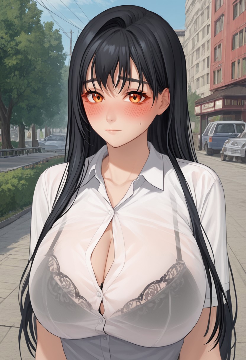 score_4,score_5,score_6,score_7_up,score_8_up,score_9
((masterpiece,best quality,ultra detailed,highres,HD,4k:1.2)),
(large breast,:1.2),1 cute girl,solo,
Mizuki,1 girl,solo,black hair,long hair,orange eyes,large breast,white shirt, black bra, bra showing through shirt,
blush, embarrassing,