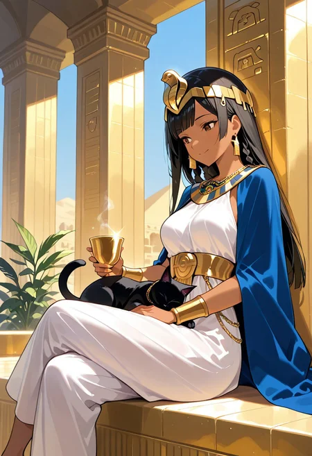 masterpiece, best quality, amazing quality, girl, black hair, brown eyes, long hair, straight hair, side swept bangs, medium breasts, perfect eyes, 8k, highest quality, ultra details,1girl, solo, long black hair, small braids,blunt bangs, tan skin, brown skin,long white linen sheeth dress, ancient egyptian dress, blue cape, egyptian necklace, gold waist chain, gold earrings, gold tiara, barefoot, ancient egypt background, queen, palace balcony overlooking the Nile River, gold throne,  sitting legs crossed, legs covered by dress, cute smile, holding a golden cup covered in gems, hand on lap, white linen sofa, bright sun beams, blue sky, from side, (outdoors:1.4), palm plants in gold vases, black cat sleeping on her lap, pyramids in the background