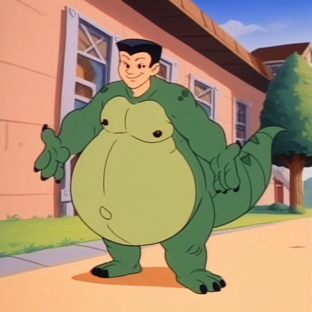 score_9, score_8_up, score_7_up, cartoon, retro_artstyle, screenshot, retro, chuckieMPM, solo, human face, human head, Asian, male focus, black eyes, black hair, partially tranformed, male dragon form, monster boy, green scales, neck, huge arms, hands, 4_fingers, feet, 3_toes, claws, dragon tail, spiked tail, long tail, thick tail, giant chest, wide hips, giant thights, huge legs, giant butt, fatty belly, plomp, full body, weight gain, giantess growth, giant sized, taller, gentle, nice, cute, beautiful, happy, shy, smile, closed mouth, standing, looking at viewer, outside, outdoor, sidewalk, street, houses, tress, blue sky