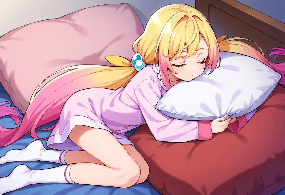 score_9, score_8, score_7, source_anime, 1girl, solo, pretty cure, 1girl, blonde hair, long hair, gradient hair, twintails, multicolored hair, very long hair, purple hair, pink hair, low twintails, socks, pajamas, long sleeves, sleeves past wrists, hair ornament, pillow, pillow hug, white socks, holding pillow, rabbit print, closed mouth, sleeping