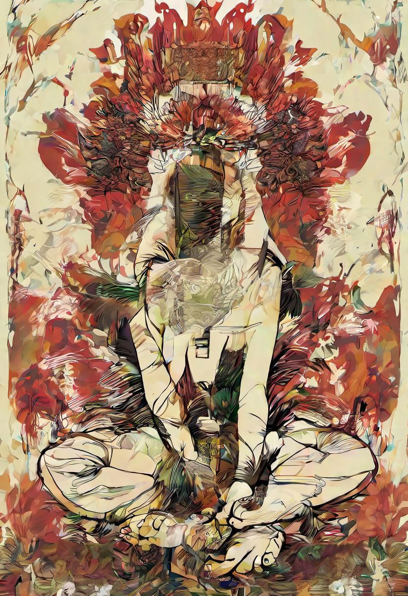 v0ng44g sk3tch, drawing, prehistorical indonesia, a young woman sitting in a meditating pose, crowned with fern leaf, organic headdress composition, in a tropical jungle, intricate hyperdetailed symmetry, dramatic top lighting, glitch effect, mandala