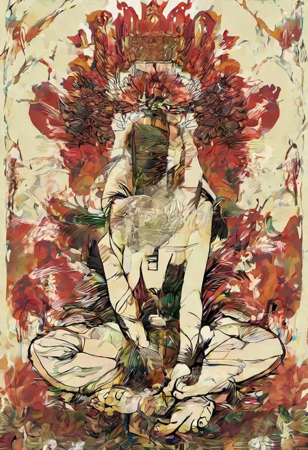 v0ng44g sk3tch, drawing, prehistorical indonesia, a young woman sitting in a meditating pose, crowned with fern leaf, organic headdress composition, in a tropical jungle, intricate hyperdetailed symmetry, dramatic top lighting, glitch effect, mandala