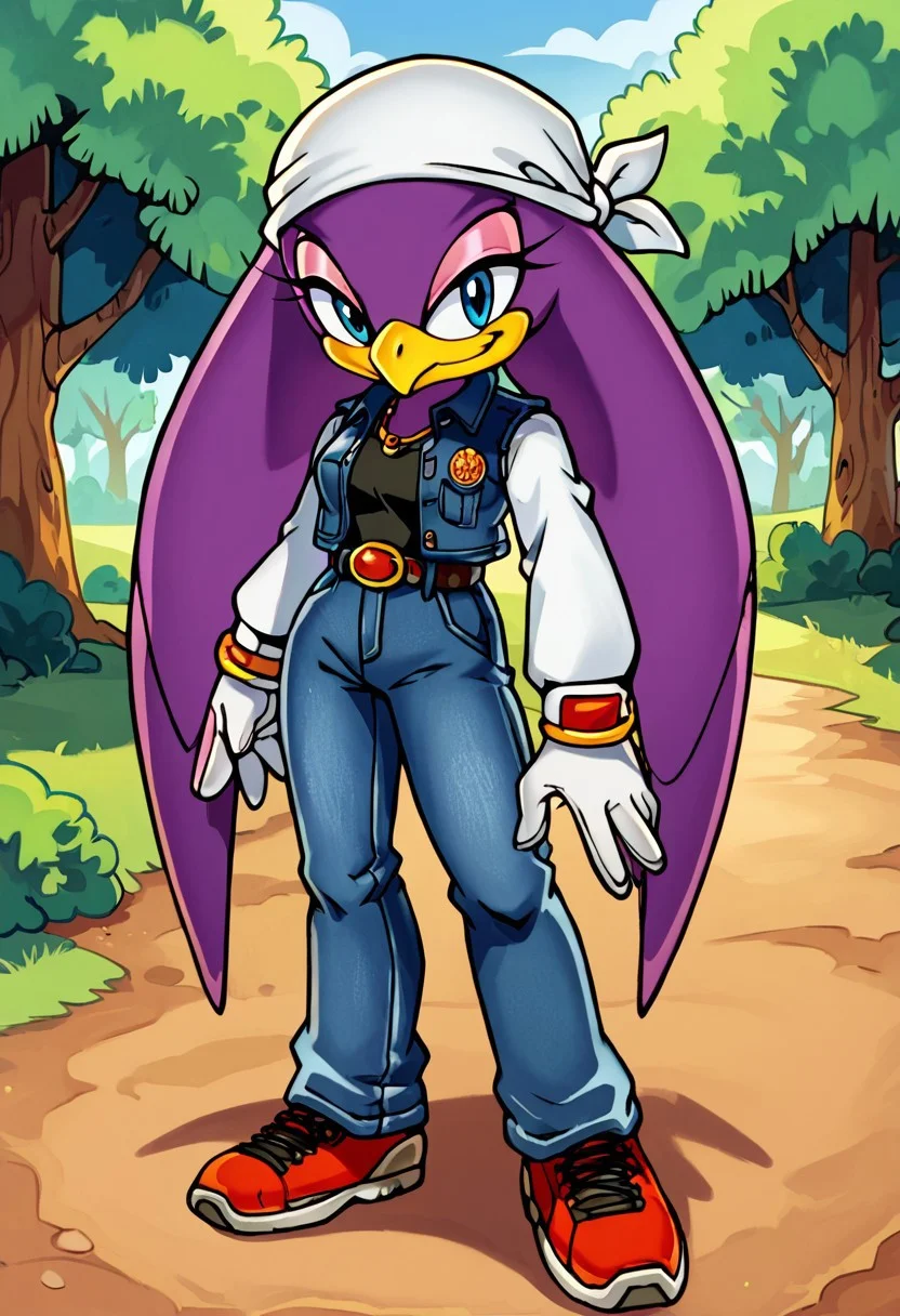 score_9,score_8_up,score_7_up, yuji uekawa, outdoors, daytime, forest mountain field, 1girl, Waveswallowxl, mobian, purple skin, beak, long hair, blue eyes, white bandana, white gloves, black t-shirt, long sleeves, striped white sleeves, denim jacket vest, jeans, belt, sneakers, standing, looking at viewer, smile