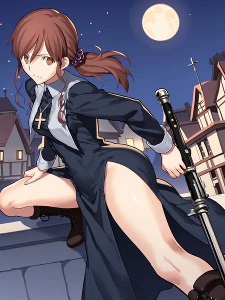 score_9, score_8_up, score_7_up, source_anime, BREAK
detailed face, detailed eyes, <lora:Tsukihime_Noel_Aizome_Pony_v1:0.95>, 1girl, (night, starless sky, full moon, town, rooftop:1.5),noel_nun, nun, habit:1.5), long black dress, long sleeves, high heel boots, cross-laced boots, cross necklace, hair between eyes, (holding weapon, holding poleaxe:1.5), bare legs, brown hair, swept bangs, hair between eyes, (overlooking town:1.5), low ponytail, hair scrunchie, purple scrunchie, (pov, closeup, from above:1.3),(looking up at viewer:1.3), (eye shine:1.5), (serious:1.3), high heels, (wide hips, long legs:1.2), from behind, from side, looking back, dutch angle,