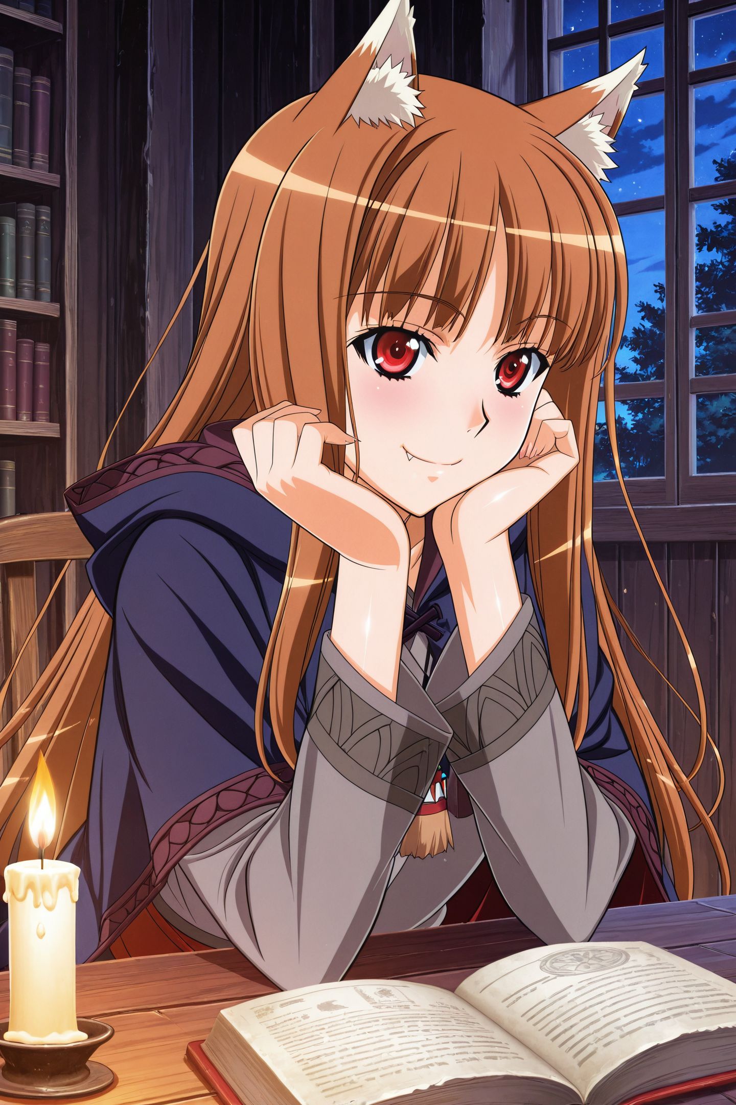 Kuroda Kazuya Style,holo,animal ears,long hair,brown hair,1girl,solo,shiny hair,book,smile,wolf ears,shiny,closed mouth,red eyes,fang,hood,cloak,open book,indoors,head rest,shirt,fang out,long sleeves,straight hair,hood down,hand on own face,hand on own cheek,bangs,animal ear fluff,candle,night,
<lora:Kuroda Kazuya_illustriousXL:0.8>,