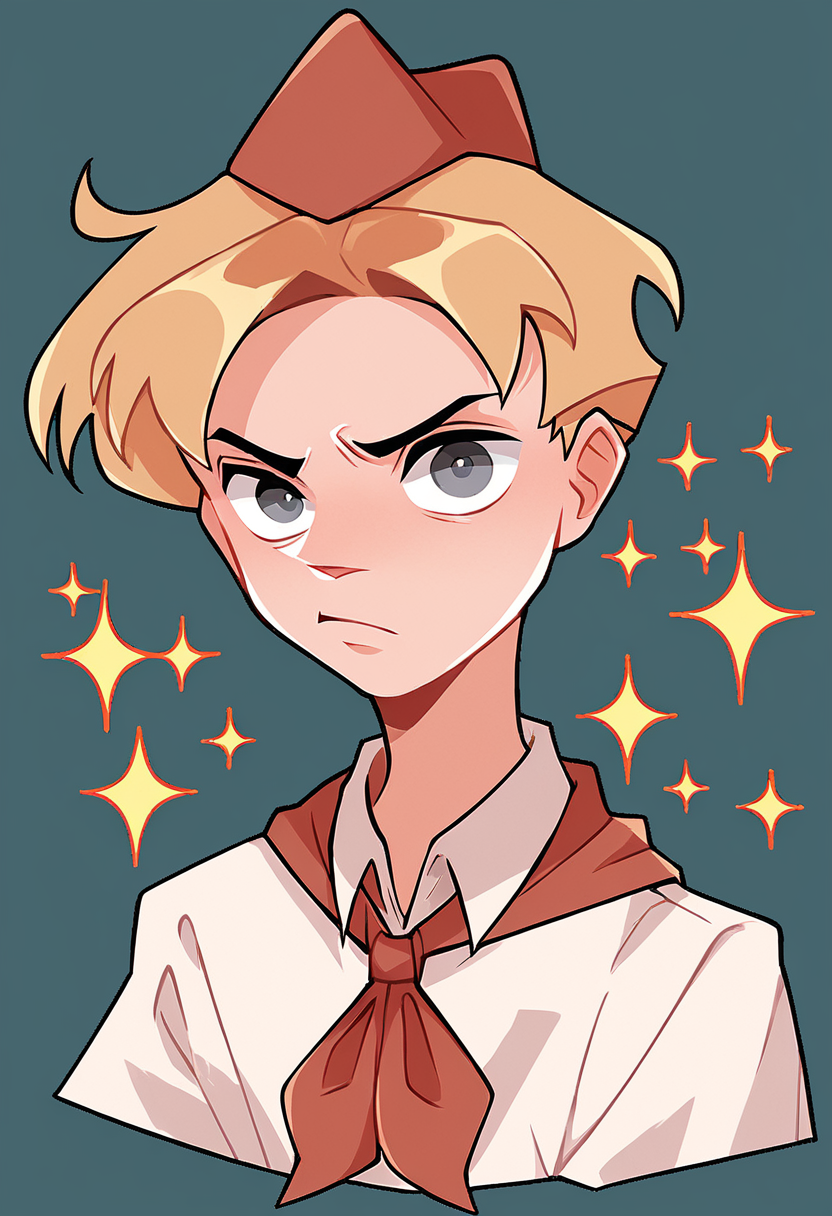 score_9, score_8_up, score_7_up, best quality, highres, blonde hair, solo, shirt, white shirt, simple background, short hair, upper body, 1boy, neckerchief, grey eyes, hat, red neckerchief, threatening, sparkle, looking at viewer, <lora:VladikVk_stikersÐÐ»Ð°Ð´Ð¸Ðº:1>