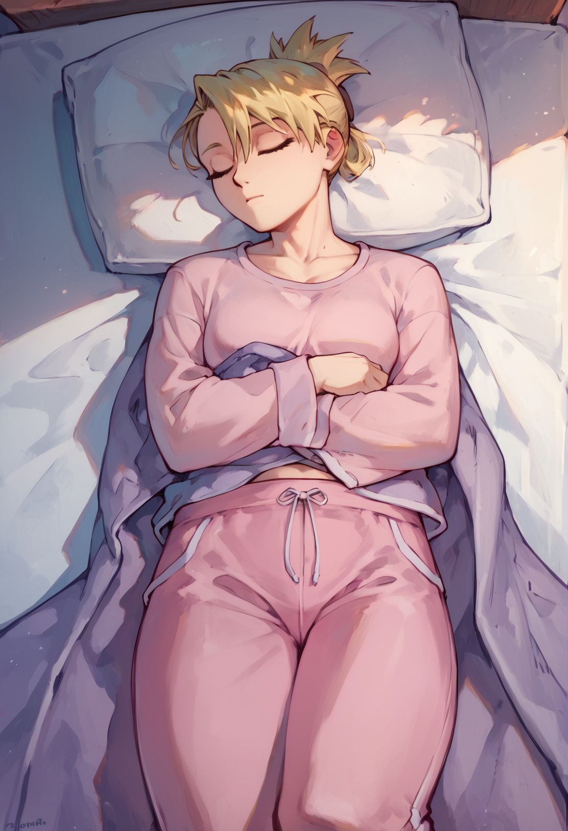 (score_9, score_8_up), score_7_up, zPDXL, Riza Hawkeye, 1girl, blonde hair, short hair, ponytail <lora:Riza_Hawkeye_XL_Pony:1>, pink pajama, pink pants, sleeping, sleep, on bed, from above, blanket, pillow, under covers, under blanket <lyco:style_notsorapoi_ponyXL-CAME:1>
