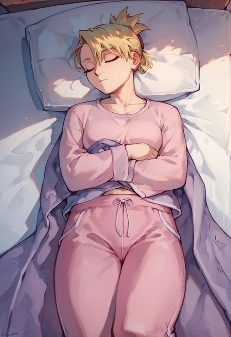 (score_9, score_8_up), score_7_up, zPDXL, Riza Hawkeye, 1girl, blonde hair, short hair, ponytail <lora:Riza_Hawkeye_XL_Pony:1>, pink pajama, pink pants, sleeping, sleep, on bed, from above, blanket, pillow, under covers, under blanket <lyco:style_notsorapoi_ponyXL-CAME:1>