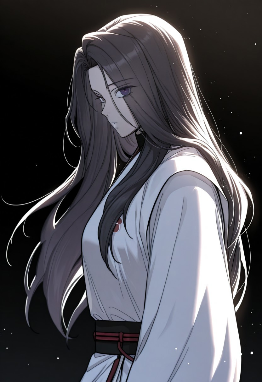 yooiseol, 1girl, solo, long hair, violet eyes, black hair, eyes visible through hair, outfit_white, gown, long sleeves, sash, black footwear,
looking at viewer , upper body, (from side:0.7), looking to the side, light particles, white background, backlighting, gradient background, black background,
masterwork, masterpiece, best quality,  detailed, depth of field, , high detail, best quality, very aesthetic, 8k, dynamic pose, depth of field, dynamic angle,