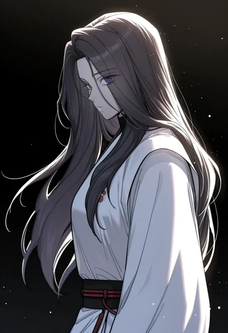 yooiseol, 1girl, solo, long hair, violet eyes, black hair, eyes visible through hair, outfit_white, gown, long sleeves, sash, black footwear,
looking at viewer , upper body, (from side:0.7), looking to the side, light particles, white background, backlighting, gradient background, black background,
masterwork, masterpiece, best quality, detailed, depth of field, , high detail, best quality, very aesthetic, 8k, dynamic pose, depth of field, dynamic angle,
